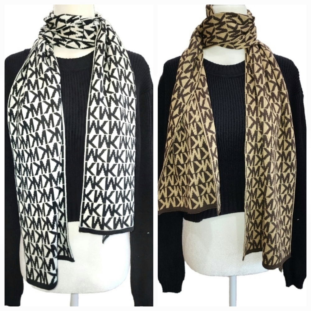 Two Micheal Kors Monogram Scarfs Black & White / Brown & Cream